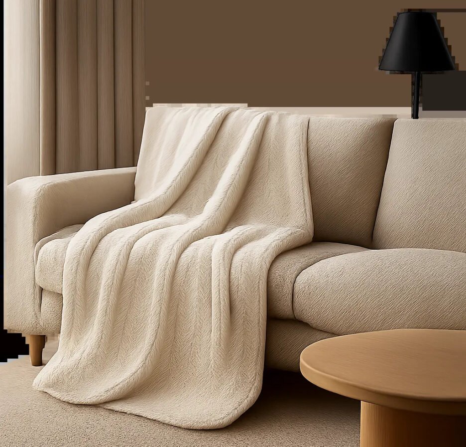 Un plaid polaire posé sur un canapé moderne dans un salon minimaliste, pour illustrer la chaleur visuelle et le confort immédiat. L’ambiance doit être douce, premium et accueillante.