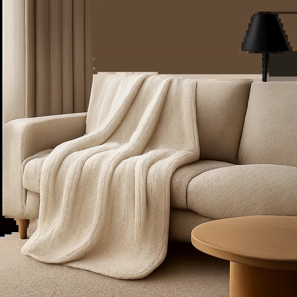 Un plaid polaire posé sur un canapé moderne dans un salon minimaliste, pour illustrer la chaleur visuelle et le confort immédiat. L’ambiance doit être douce, premium et accueillante.