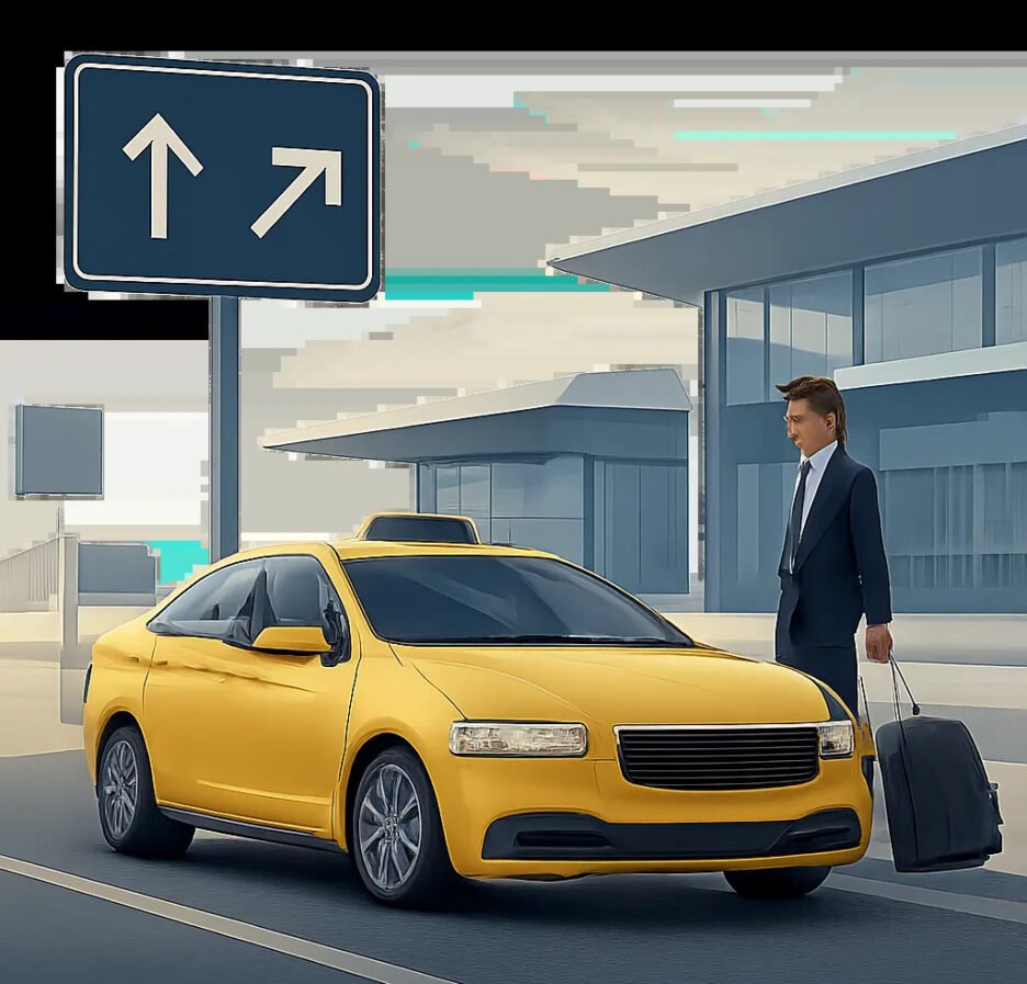 Illustration d’un taxi professionnel prêt à prendre en charge un voyageur pour l’aéroport d’Orly. L’image évoque la ponctualité, la sérénité et la réservation anticipée.