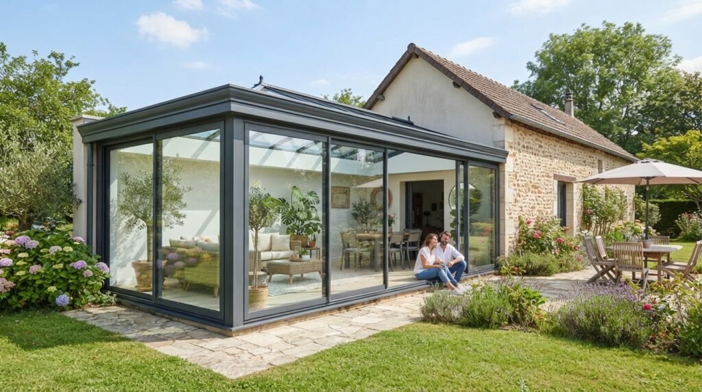 Véranda moderne en aluminium accolée à une maison, baies vitrées, jardin ensoleillé