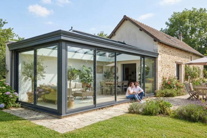 Véranda moderne en aluminium accolée à une maison, baies vitrées, jardin ensoleillé