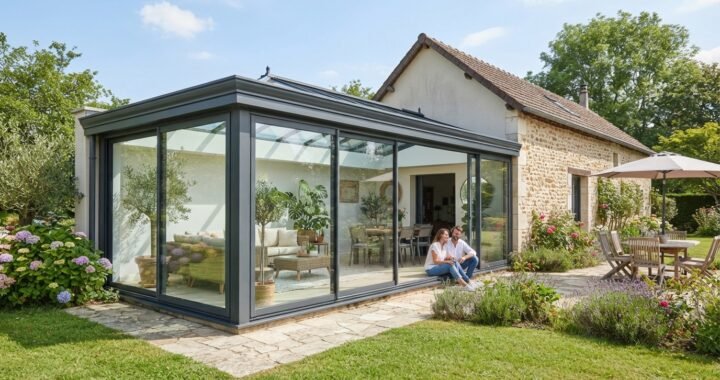 Véranda moderne en aluminium accolée à une maison, baies vitrées, jardin ensoleillé