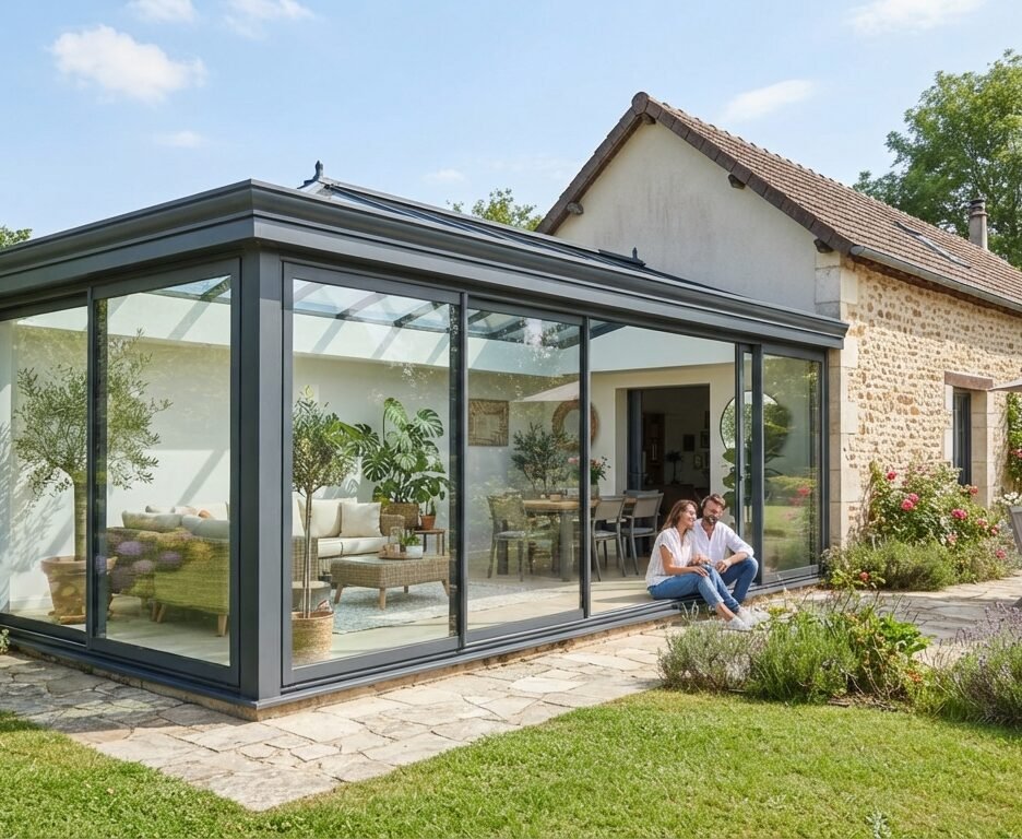 Véranda moderne en aluminium accolée à une maison, baies vitrées, jardin ensoleillé