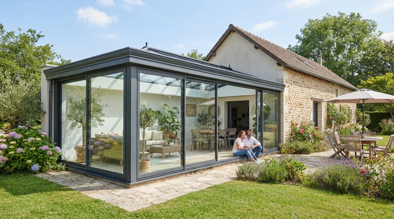 Véranda moderne en aluminium accolée à une maison, baies vitrées, jardin ensoleillé