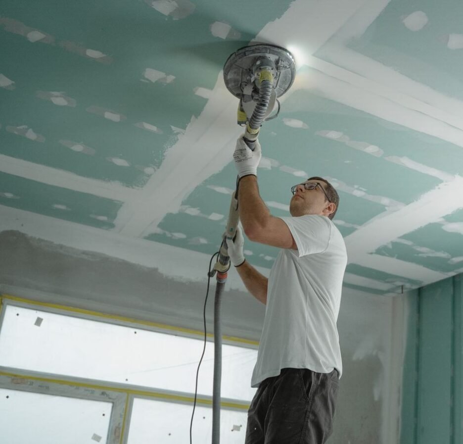 Un ouvrier utilise une ponceuse sur le plafond d'une pièce en travaux